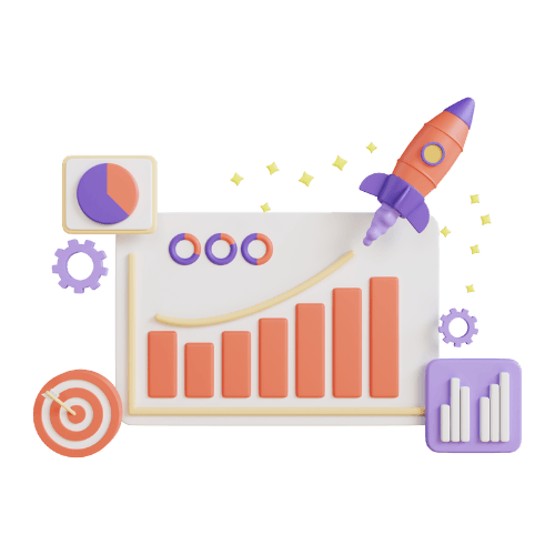 a pie chart, target, rocket and several graphs